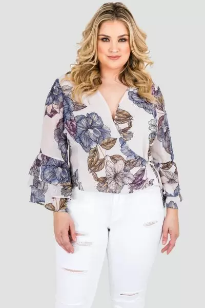 Standards & Practices Curvy Women's Plus Size Gray All Around Floral Print Chiffon Crossover Ruffle Sleeve Blouse