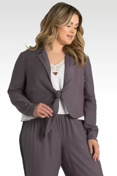 Plus Size Solid Rayon Tie Front Cropped Blazer