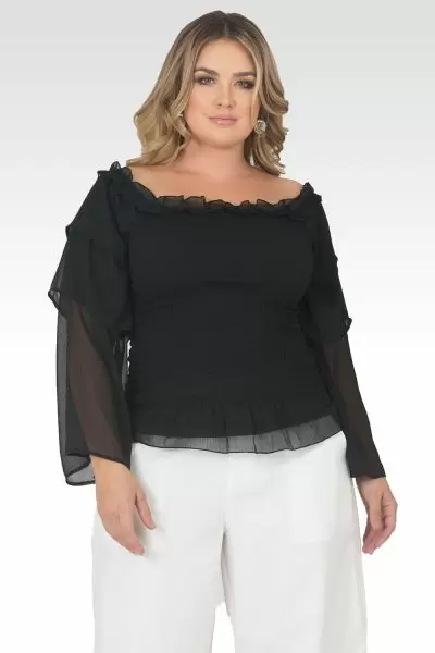 Plus Size Jessa Smocked Tiered Sleeve Top - Black-1