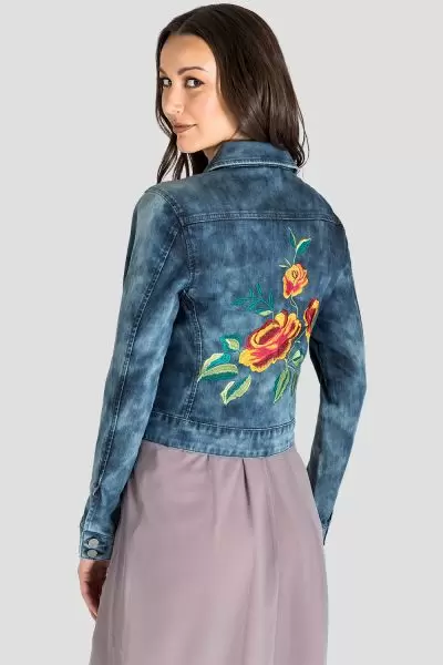 Floral Embroidery Indigo Acid Wash Jean Jacket
