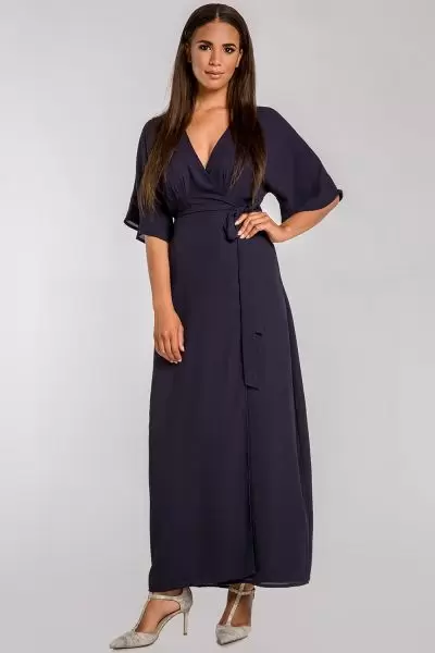 Women's Navy Blue Wrap Dress w/ Kimono Sleeve 
