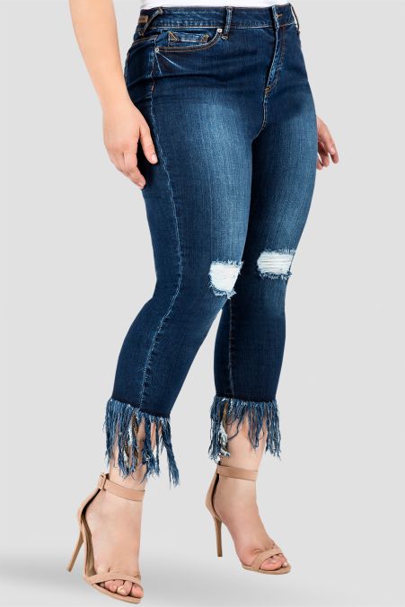 Plus Size Standards & Practices Women's Laura Frayed Distressed Indigo Stretch | Curvy Women's Designer Jeans & Premium Denim